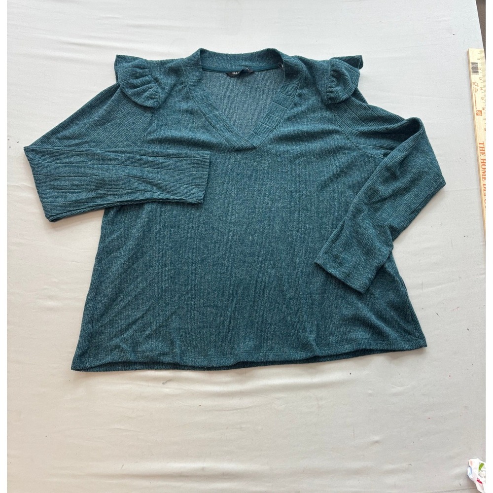 Zac & Rachel Womens XL Teal Ribbed Knit V-Neck Ruffle Shoulder Long Sleeve Top